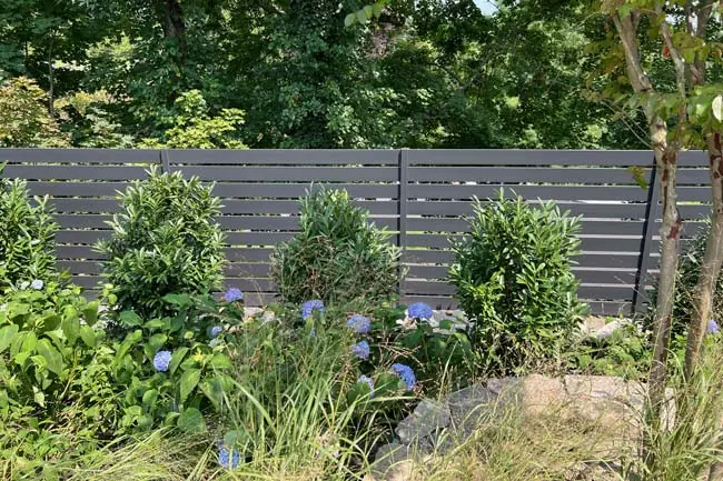 Gray horizontal-slat aluminum fence in a landscaped garden with blue hydrangeas