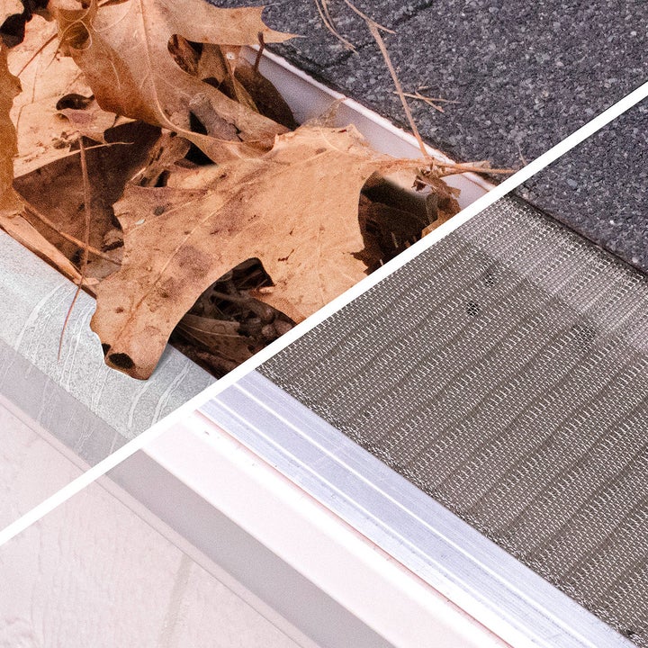 Before and after: clogged gutter full of dry leaves next to a clean guarded gutter