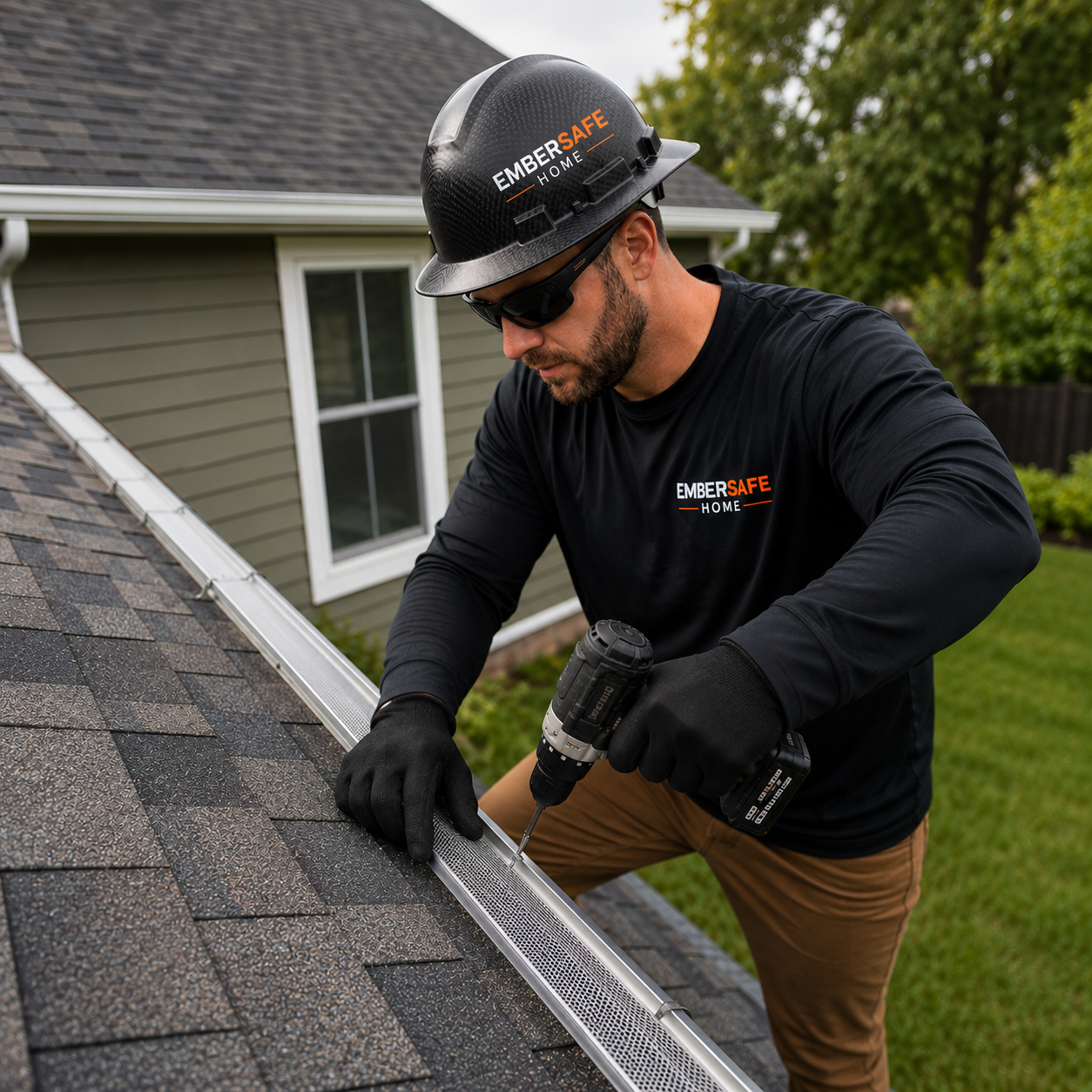 EmberSafe Home technician installing a gutter guard on a residential roof